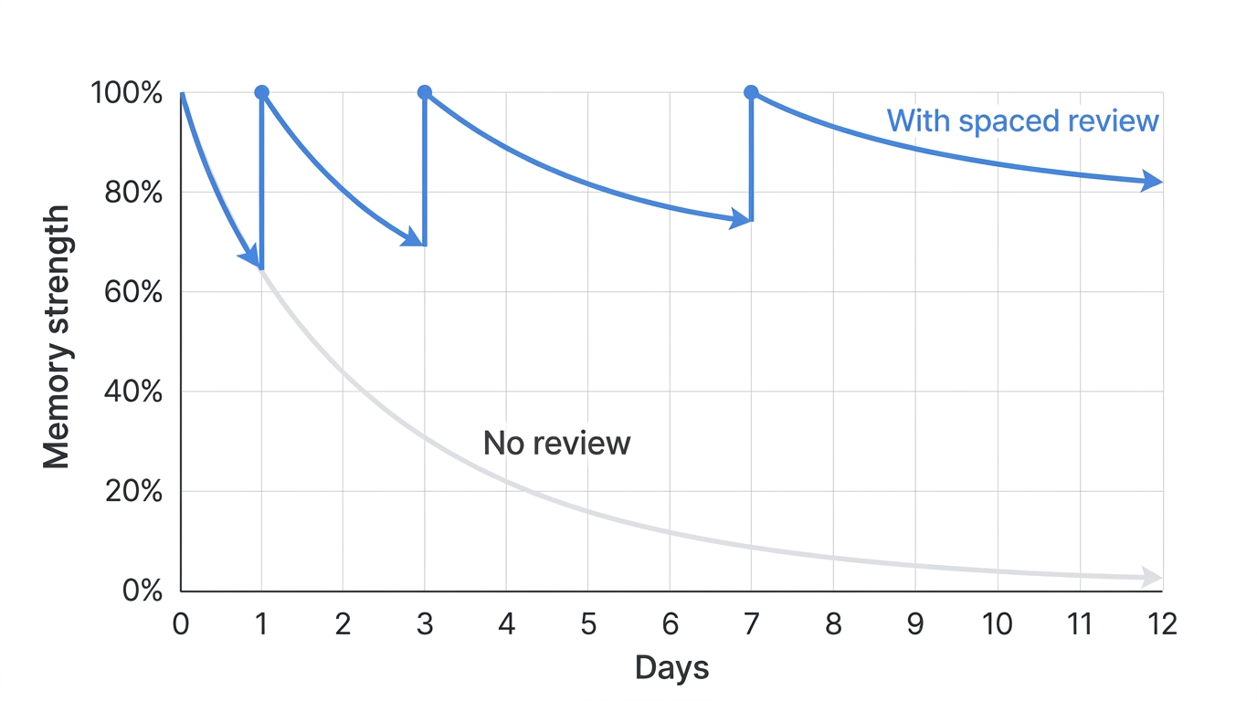 Diagram comparing the forgetting curve with no review versus a memory curve that resets higher after each spaced review